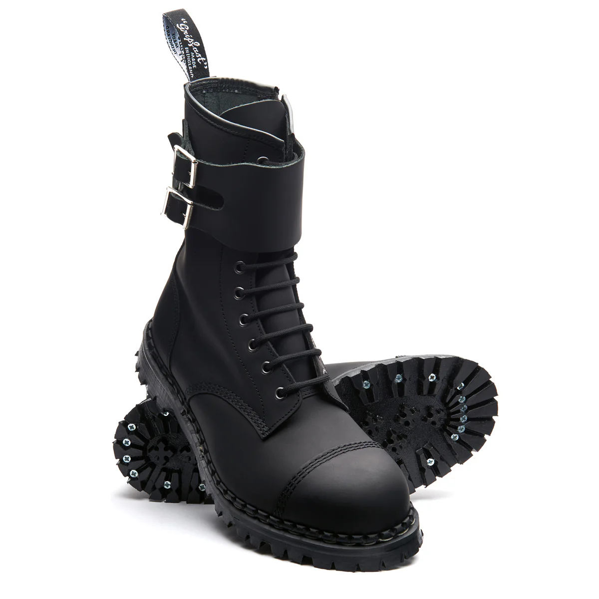 Black Greasy 10 Eye Steel Toe Capped Zip Twin Strap Derby Boot - Image 3