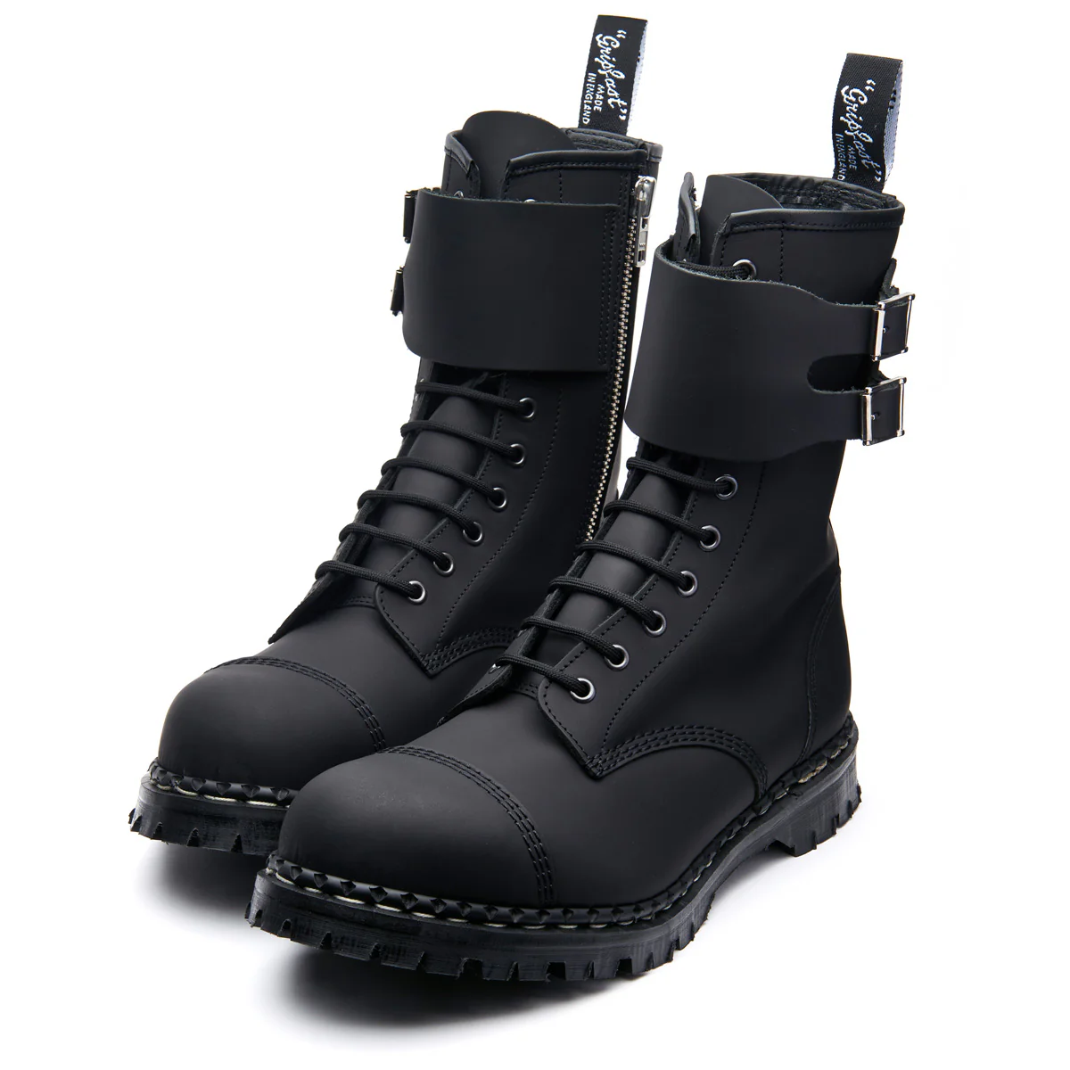 Black Greasy 10 Eye Steel Toe Capped Zip Twin Strap Derby Boot - Image 4