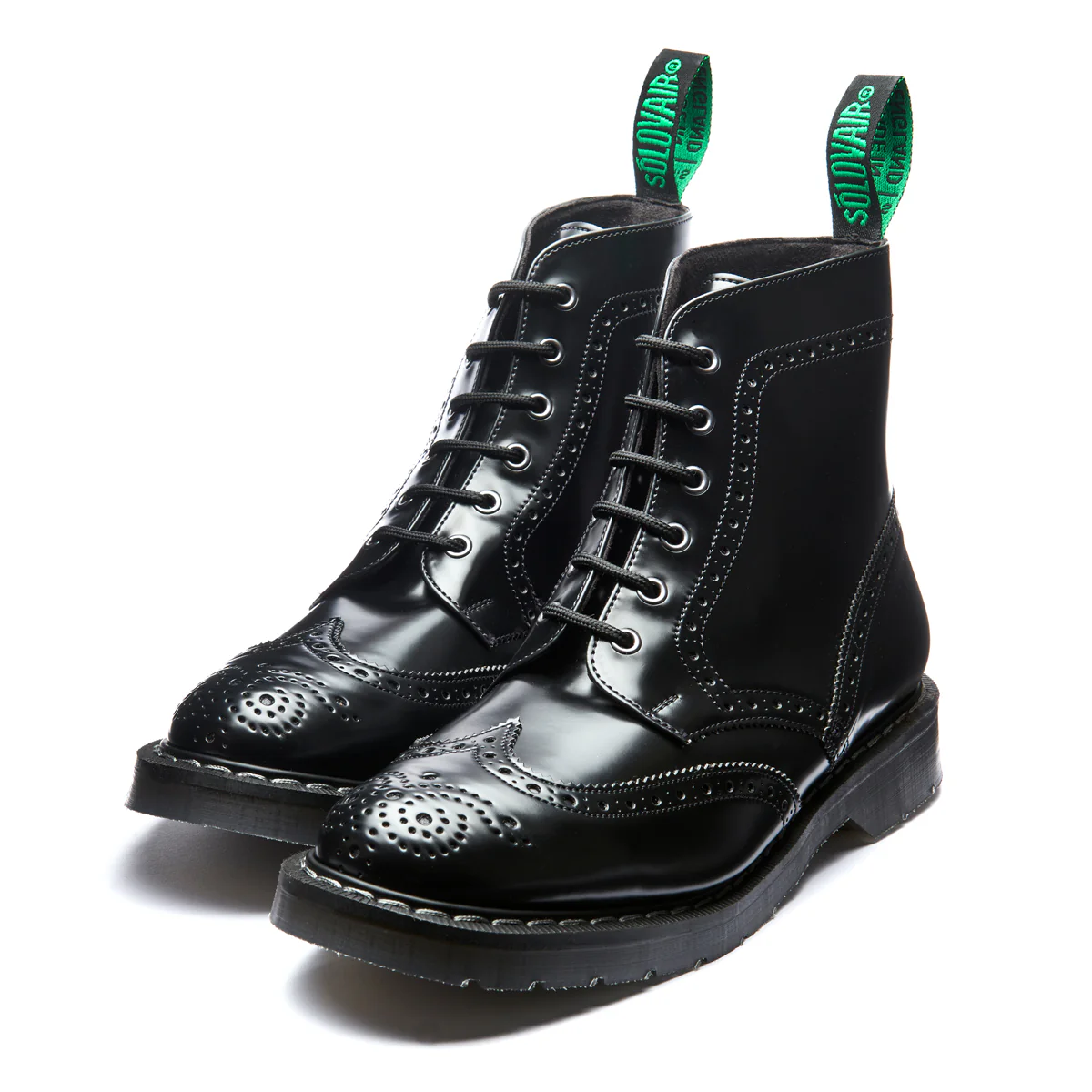 Black Hi-Shine Vegan 6 Eye Derby Brogue Boot - Image 3
